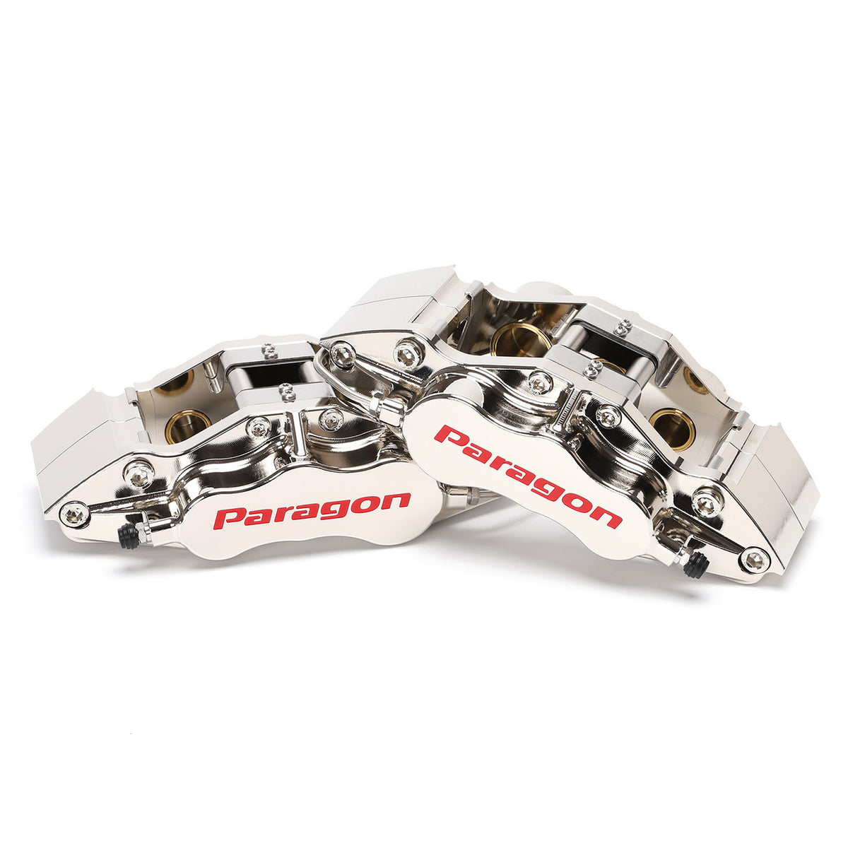 Pair of nickel-plated Paragon brake calipers showing the outer faces and pistons